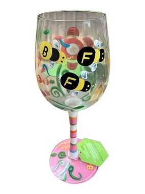 Lolita Hand-Painted Bee FF Stemmed Wine Glass. Adorable & NWT!
